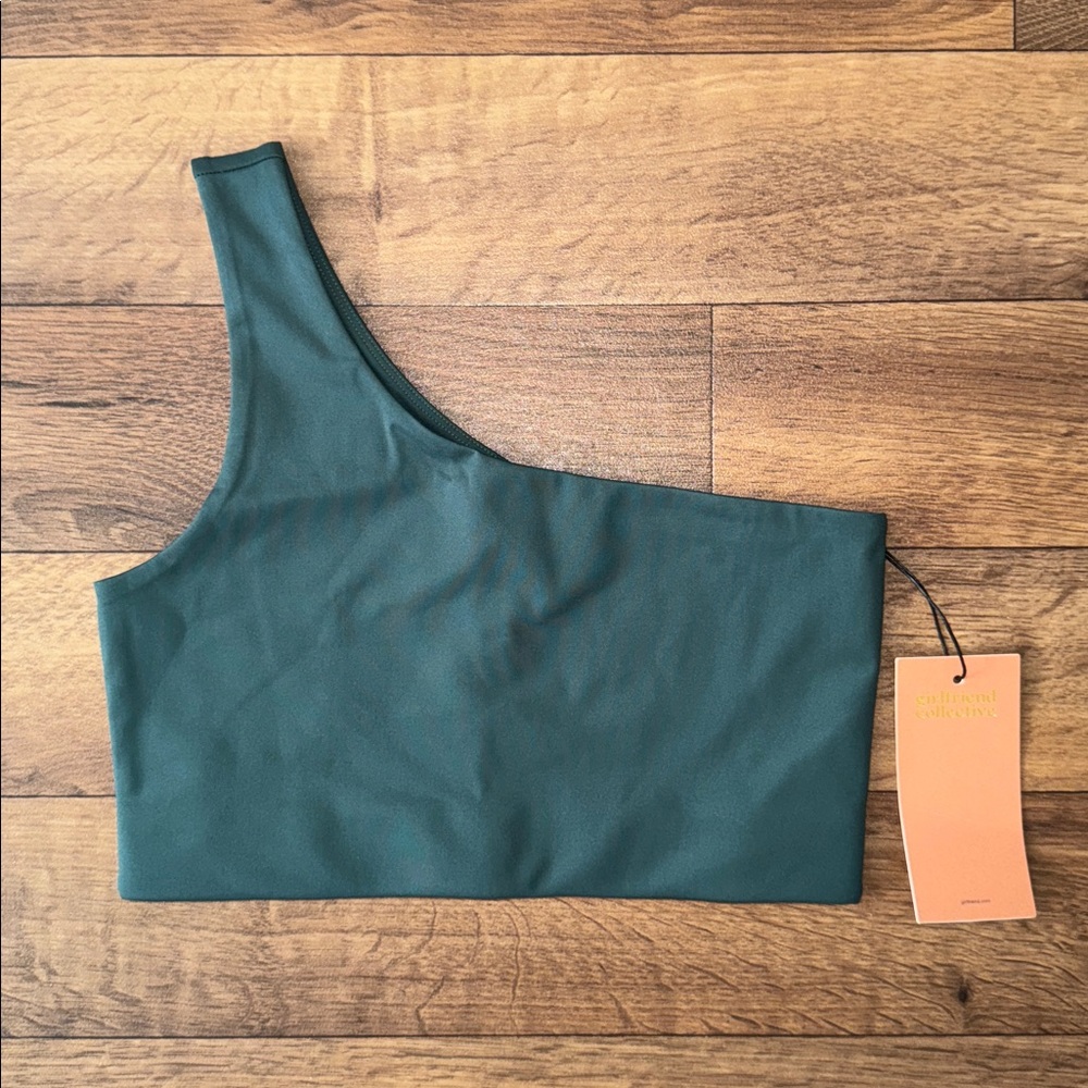 Girlfriend Collective Size Medium Dark Forest Green One Shoulder Sports Bra NWT - Picture 1 of 11